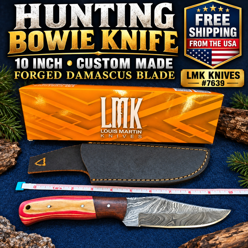 Hunting Bowie Knife 10 Inch Custom Made Forged Damascus Blade LMK Knives #7639